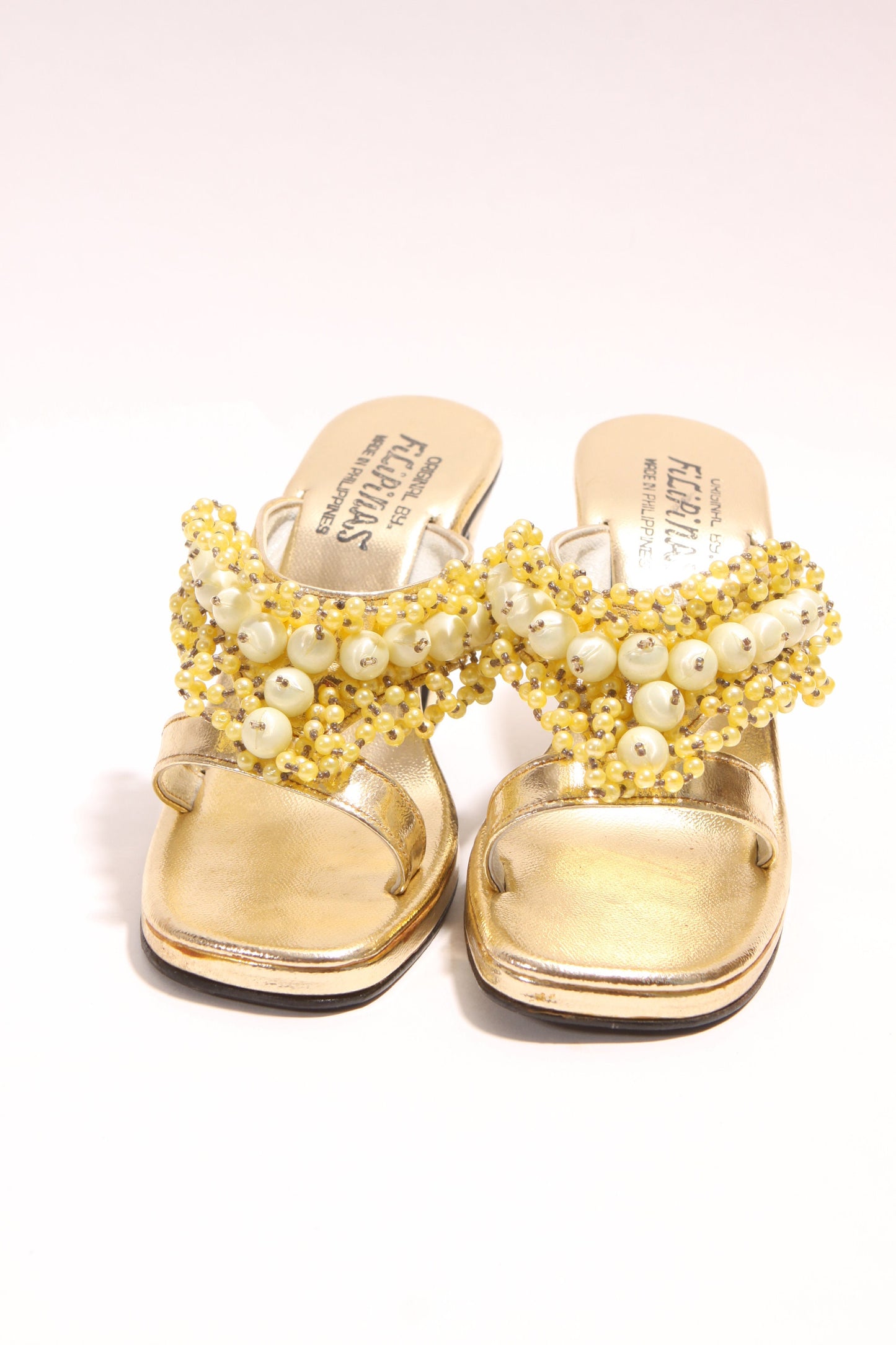 1970s Gold Metallic Yellow and Cream Beaded High Heel Strappy Sandal High Heels by Originales Filipinas -Size 6