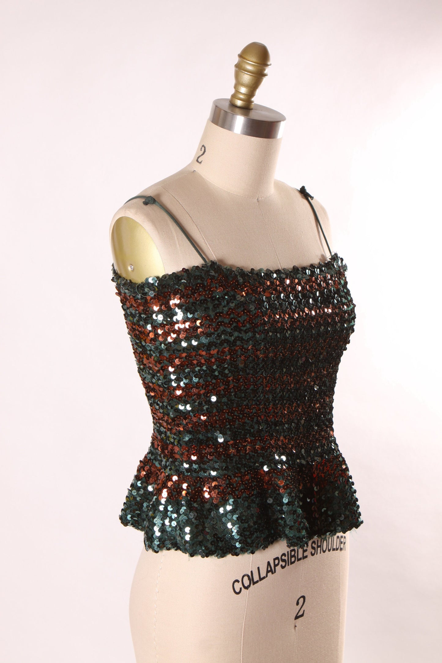 1970s Dark Green and Brown Sequin Flared Waist Spaghetti Strap Disco Blouse by Norman Berg for Denise Fashions -M-L