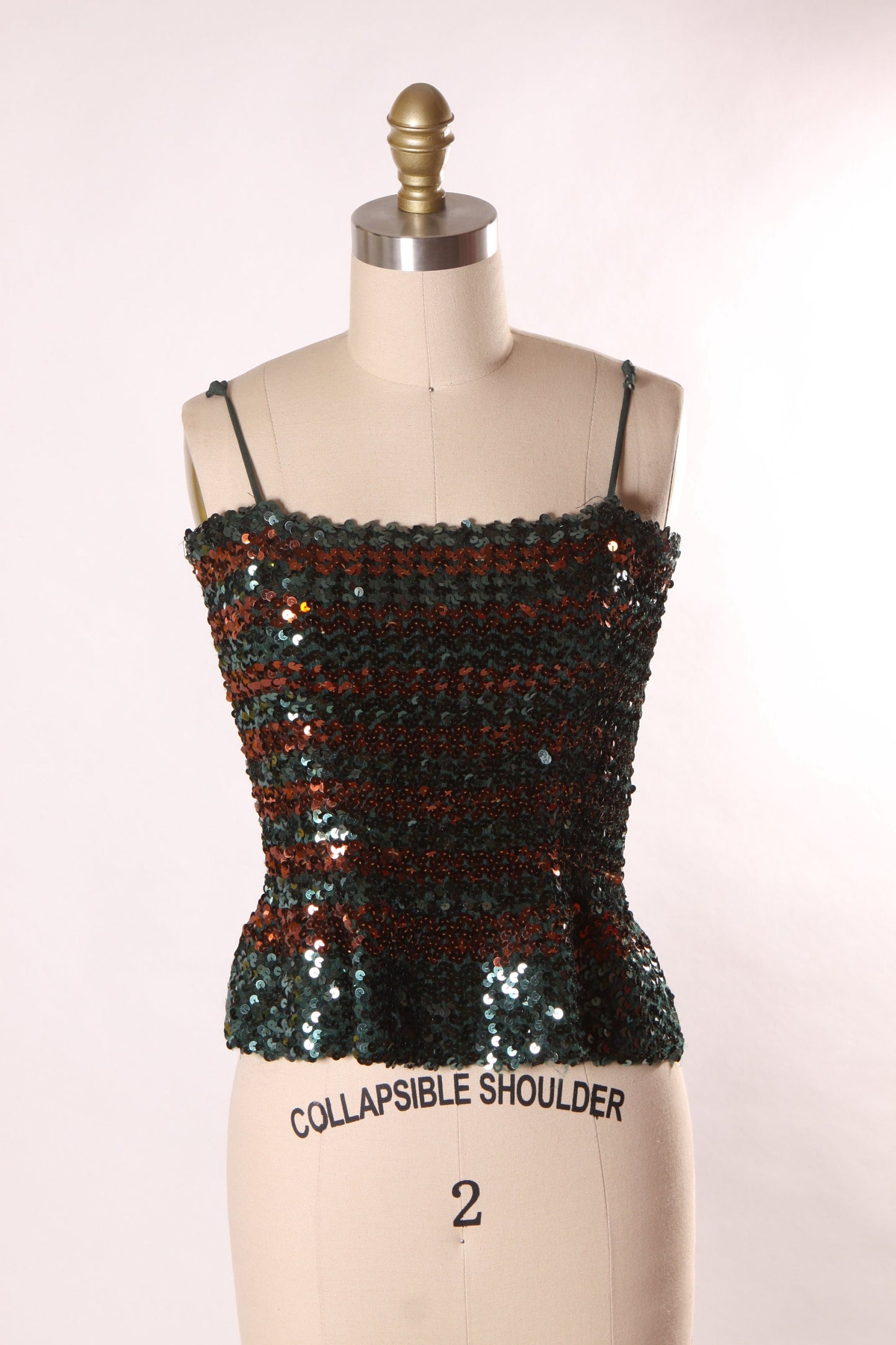 1970s Dark Green and Brown Sequin Flared Waist Spaghetti Strap Disco Blouse by Norman Berg for Denise Fashions -M-L