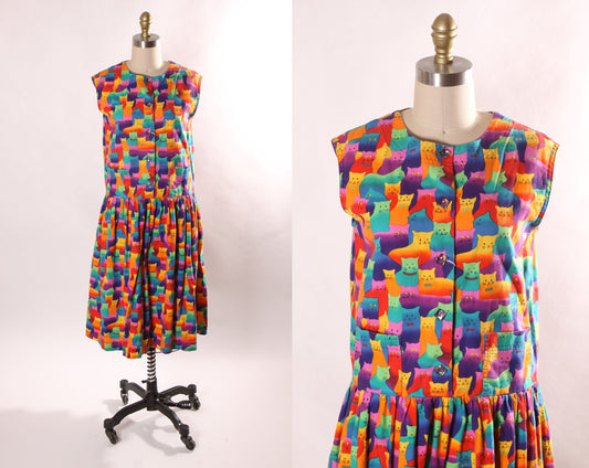 1980s Novelty Rainbow Multi-Colored Cat Print Sleeveless Button Up Drop Waist Dress by Impressions by Lyris Kay -S