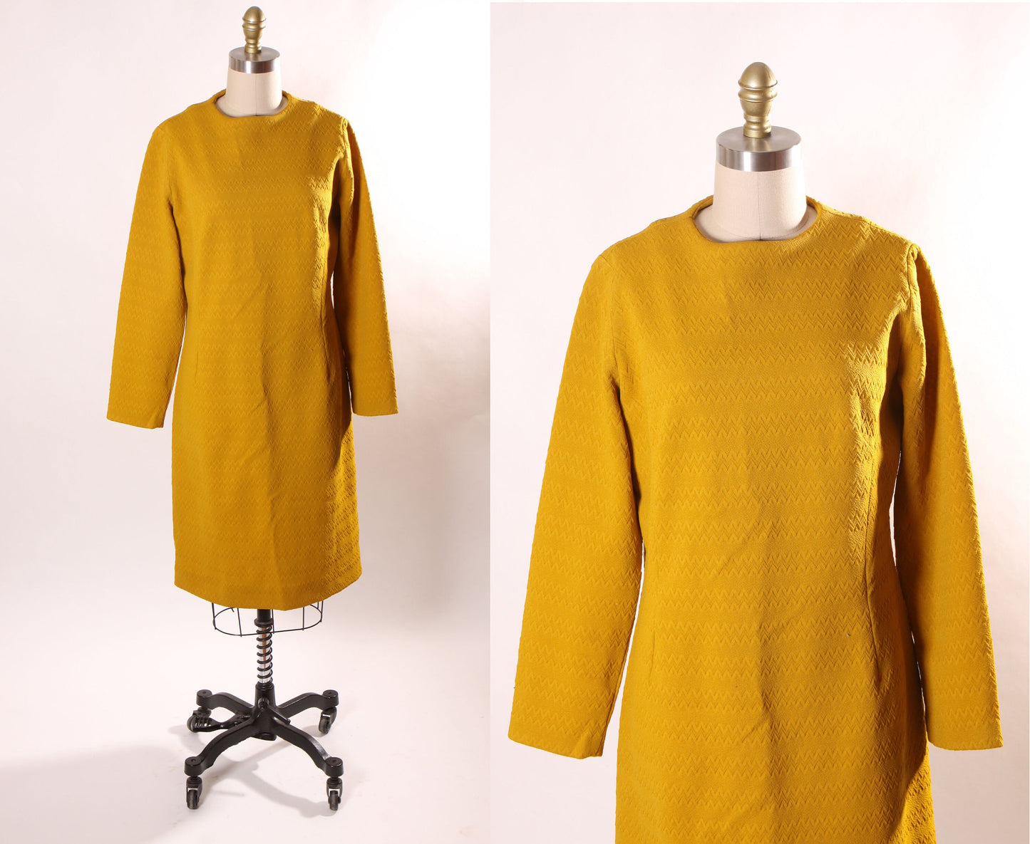1960s Golden Yellow 3/4 Length Sleeve Polyester Shift Dress -L