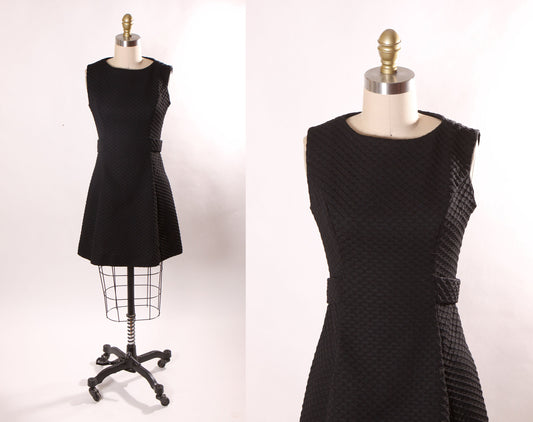 1960s Black Waffle Textured Polyester Sleeveless Back Buckle Mini Dress -XS