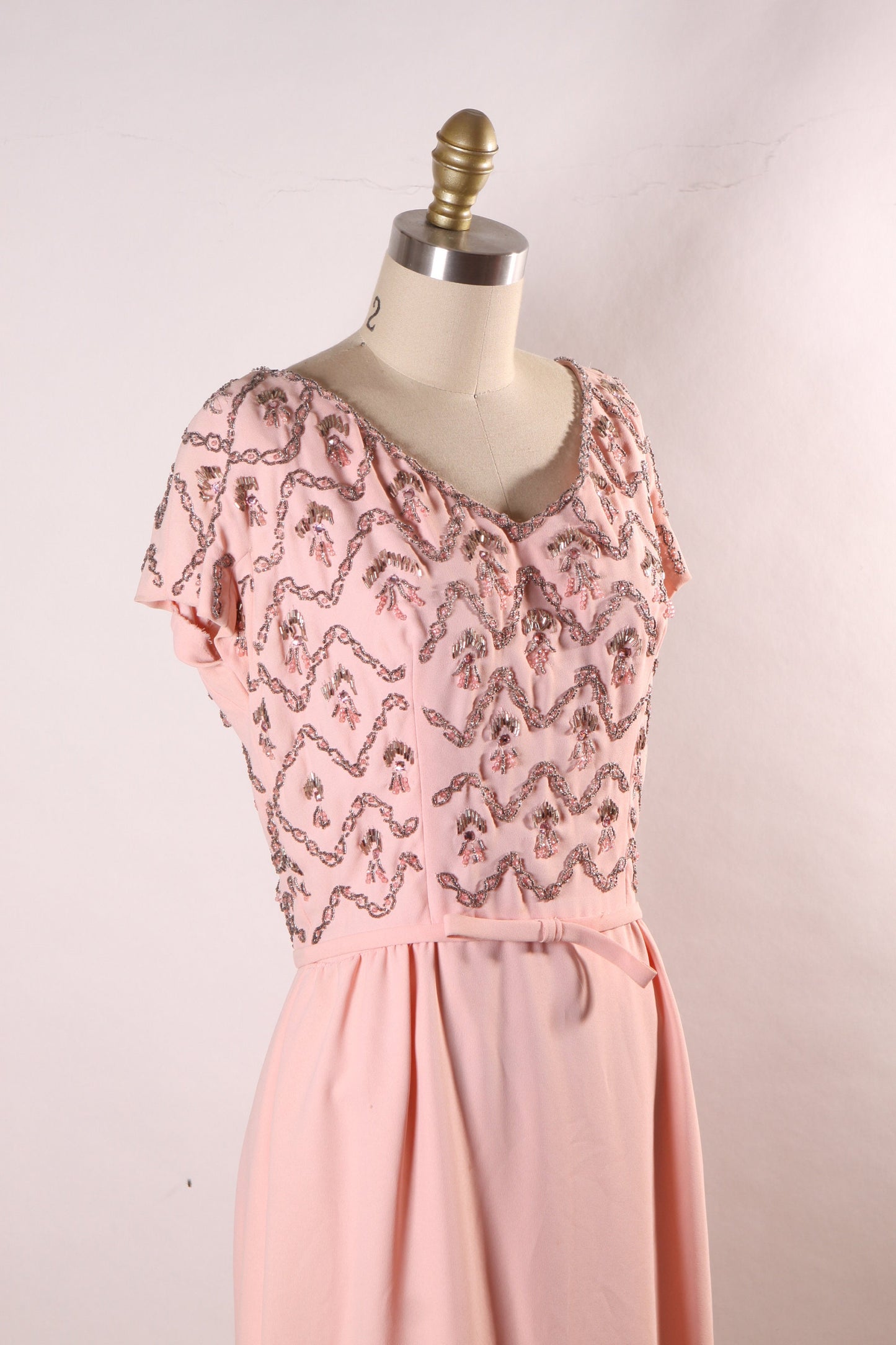 1960s Light Pink Short Sleeve Silver and Pink Beaded Full Length Formal Dress -M