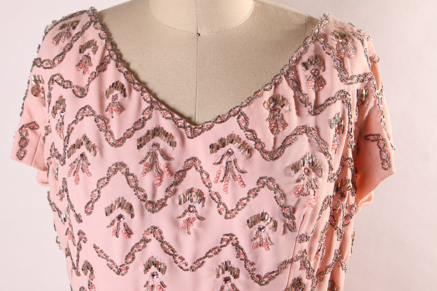 1960s Light Pink Short Sleeve Silver and Pink Beaded Full Length Formal Dress -M