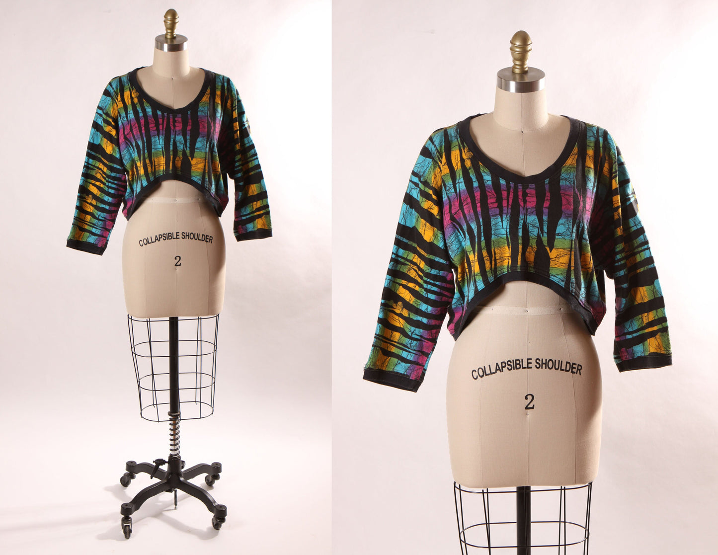 1980s Black and Rainbow Tiger Animal Print Bracelet Sleeve Cropped Pullover Sweatshirt by Contempo Casuals