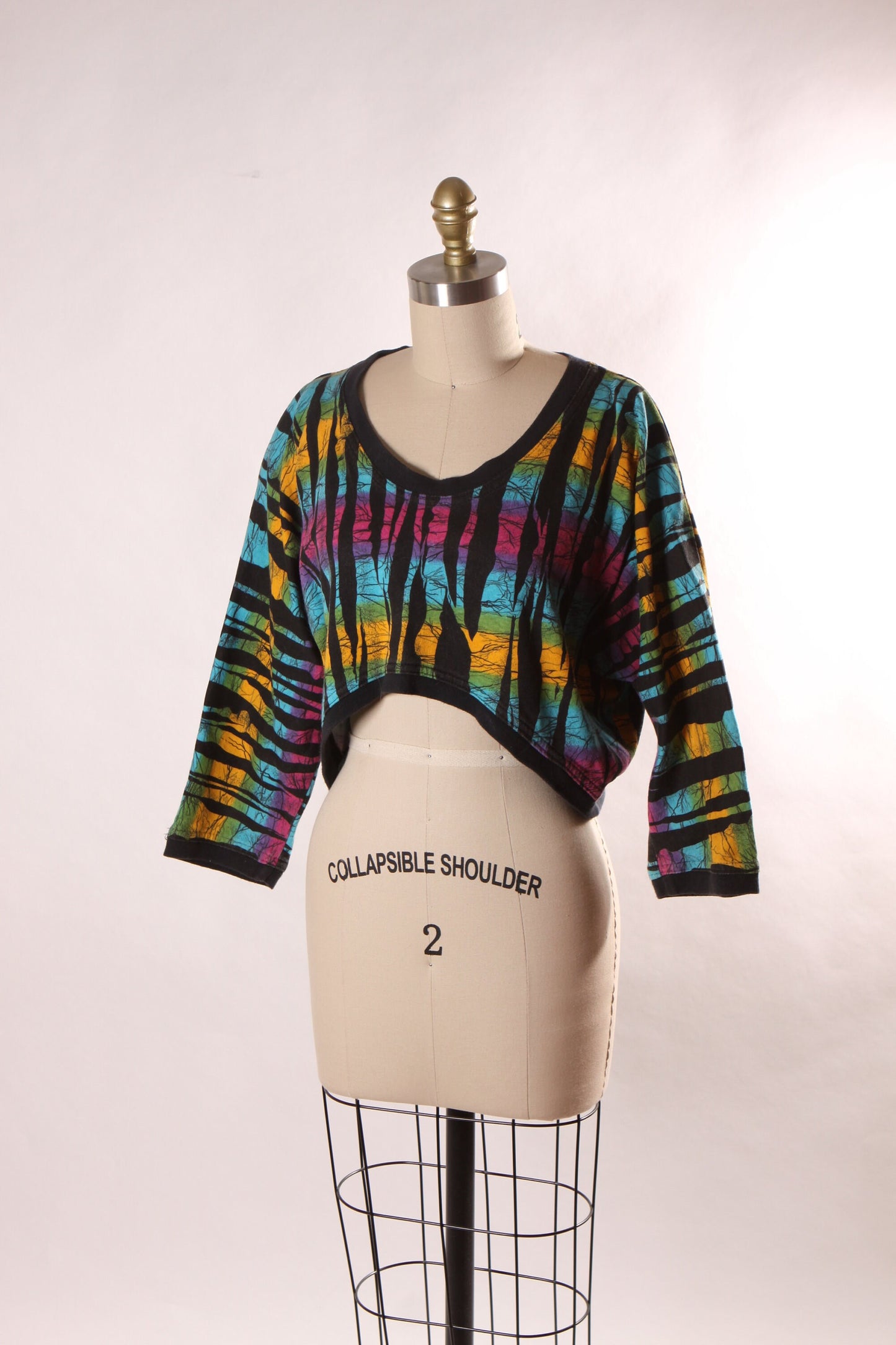 1980s Black and Rainbow Tiger Animal Print Bracelet Sleeve Cropped Pullover Sweatshirt by Contempo Casuals