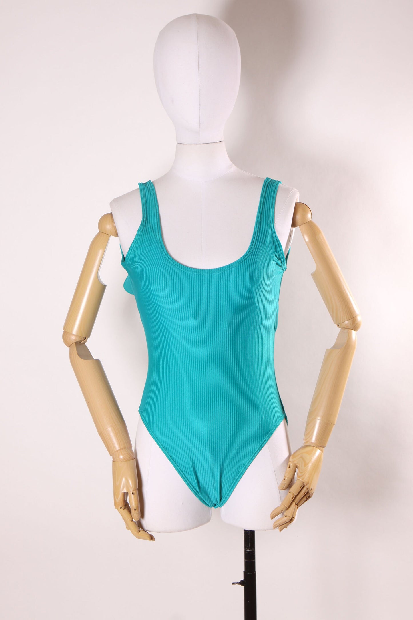 1980s Turquoise Blue Ribbed Textured One Piece Swimsuit by Active Elements -M