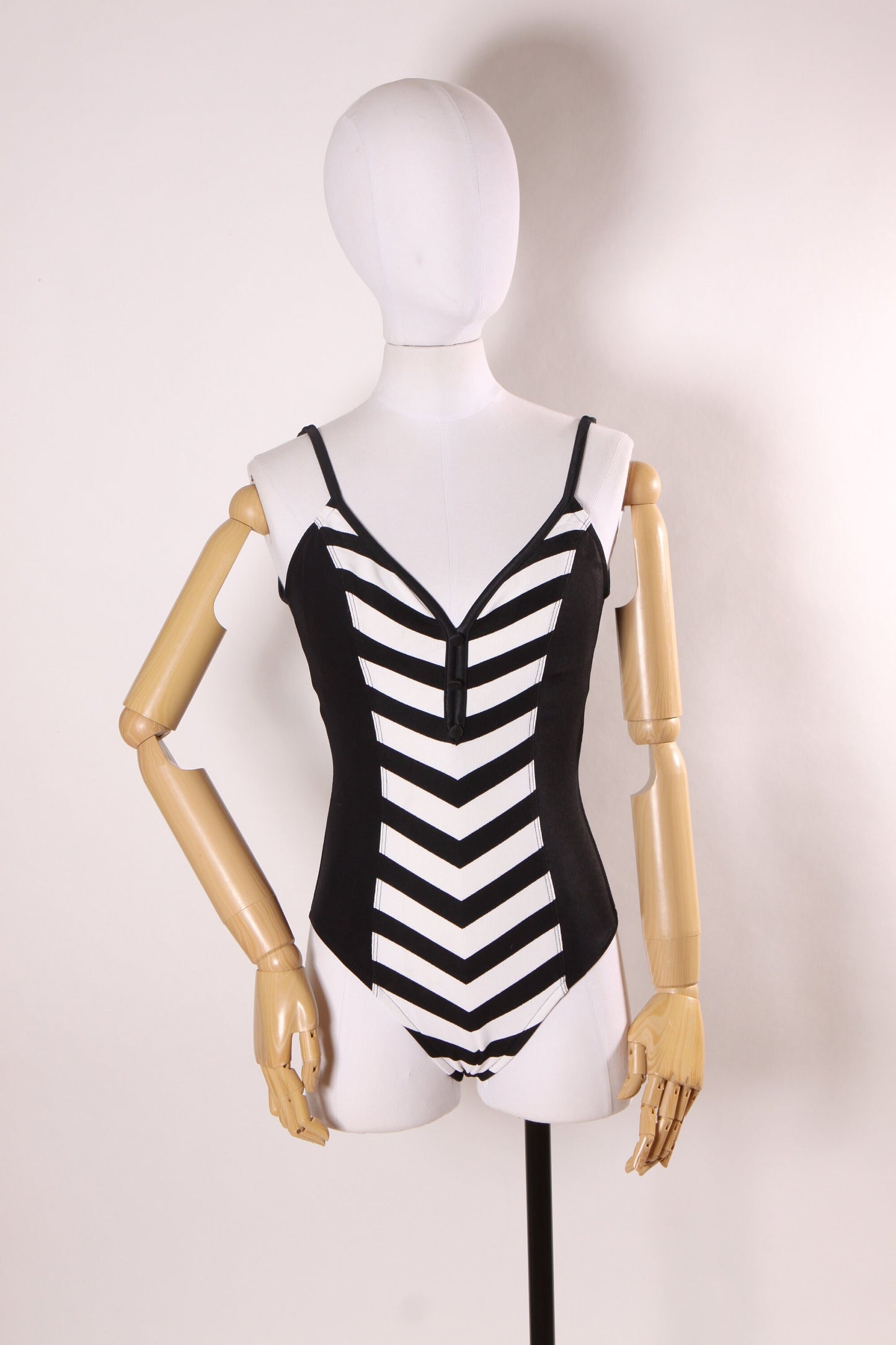 1980s Does 1950s Black and White Striped Barbie Style One Piece Swimsuit by Cole of California -S