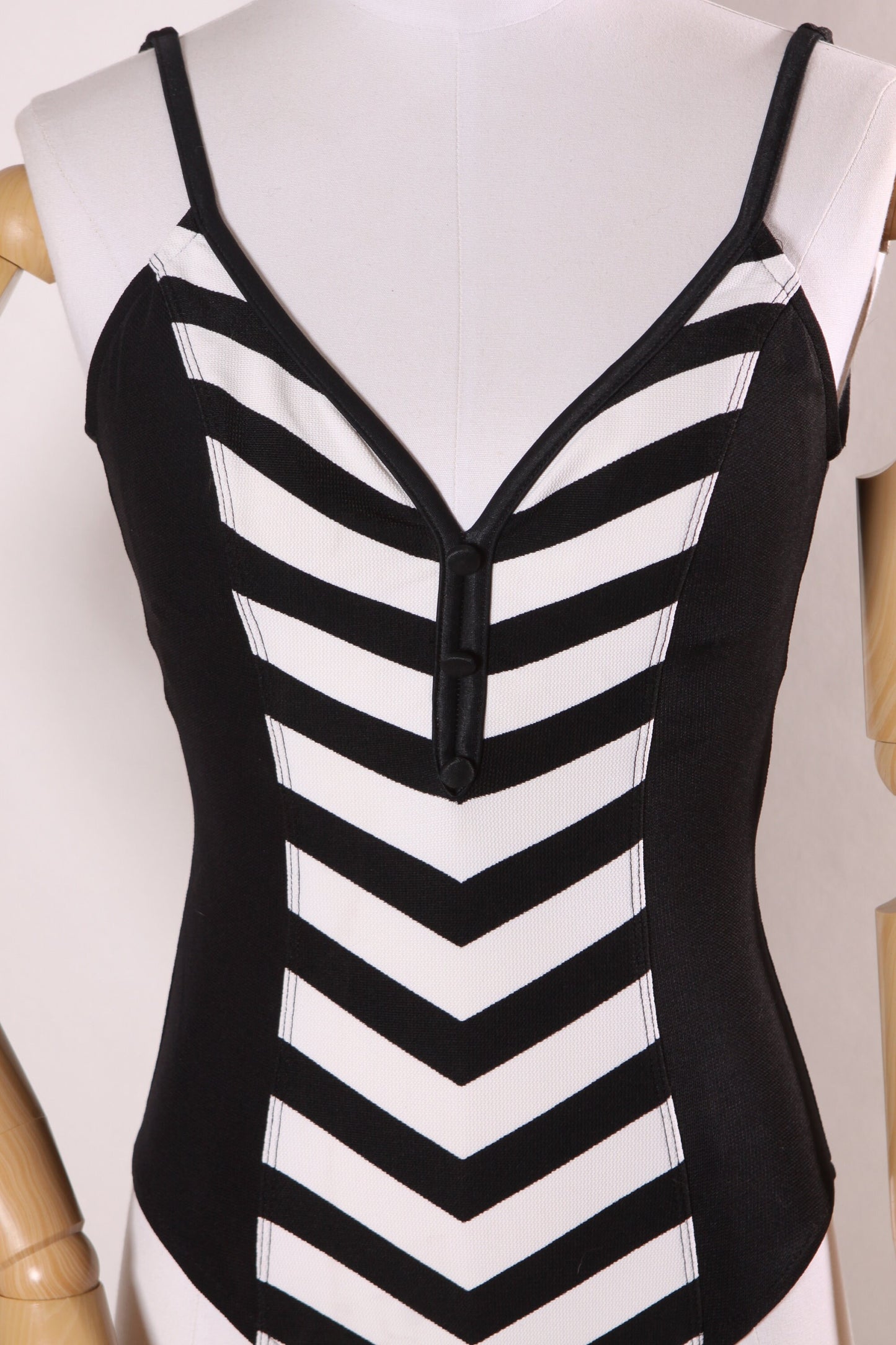 1980s Does 1950s Black and White Striped Barbie Style One Piece Swimsuit by Cole of California -S