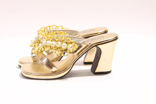 1970s Gold Metallic Yellow and Cream Beaded High Heel Strappy Sandal High Heels by Originales Filipinas -Size 6