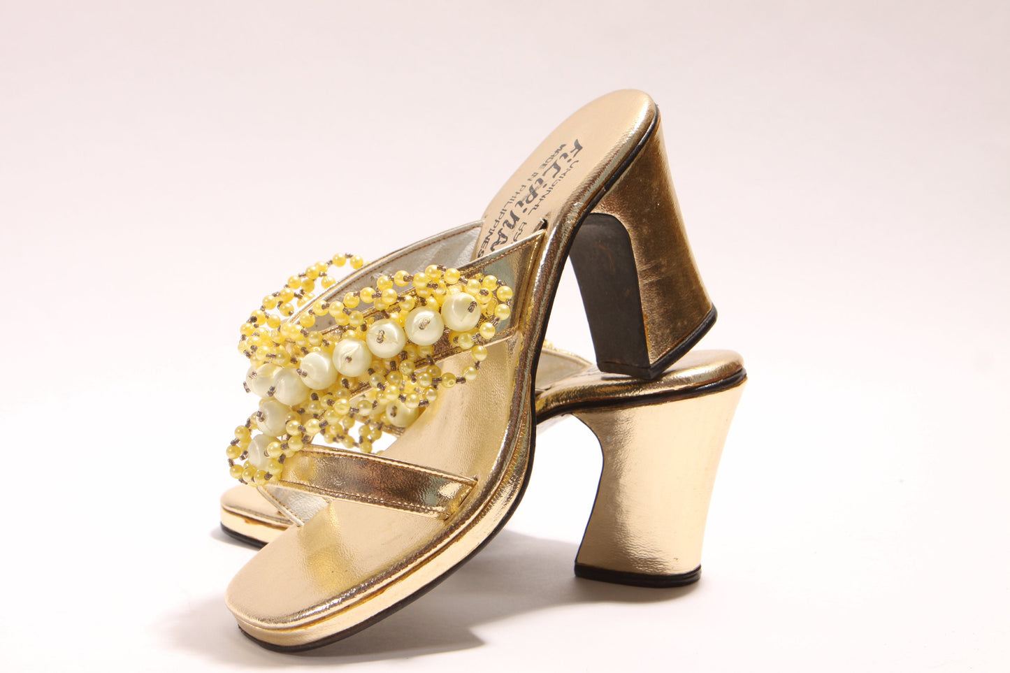 1970s Gold Metallic Yellow and Cream Beaded High Heel Strappy Sandal High Heels by Originales Filipinas -Size 6