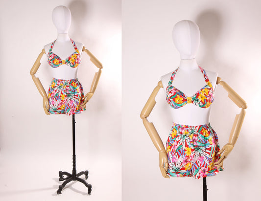 Deadstock 1980s Floral Red, Pink, Green and Yellow Floral Lily Bikini Top with Matching High Waisted Shorts Swimsuit Playsuit by Crystal Bay