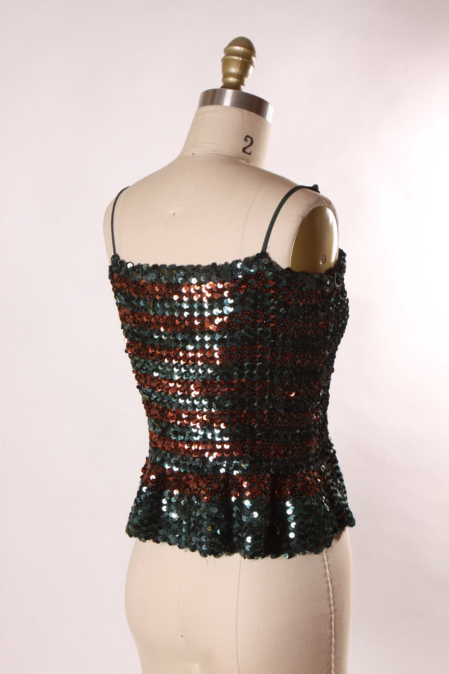 1970s Dark Green and Brown Sequin Flared Waist Spaghetti Strap Disco Blouse by Norman Berg for Denise Fashions -M-L