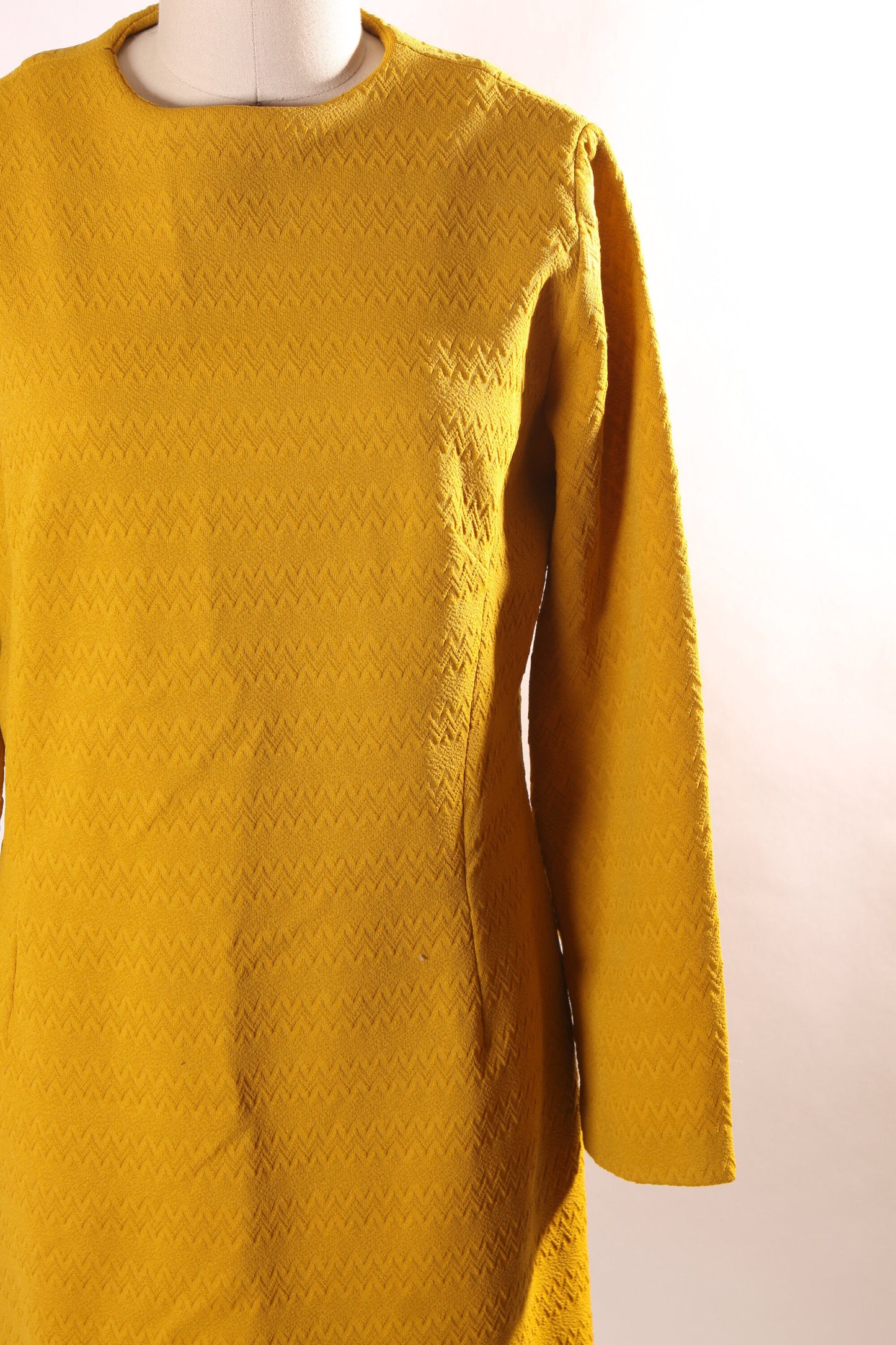 1960s Golden Yellow 3/4 Length Sleeve Polyester Shift Dress -L