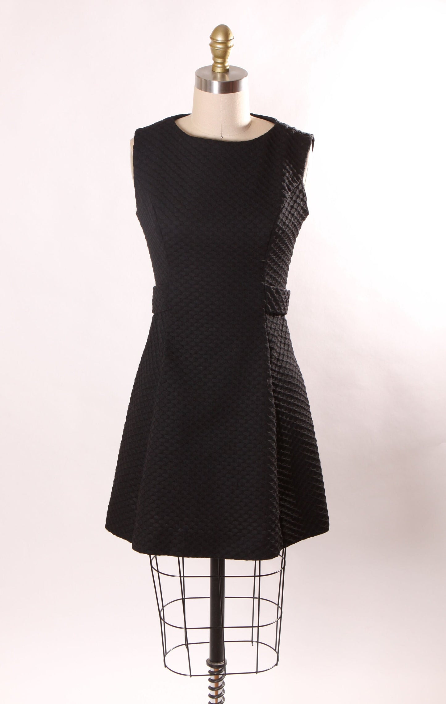 1960s Black Waffle Textured Polyester Sleeveless Back Buckle Mini Dress -XS