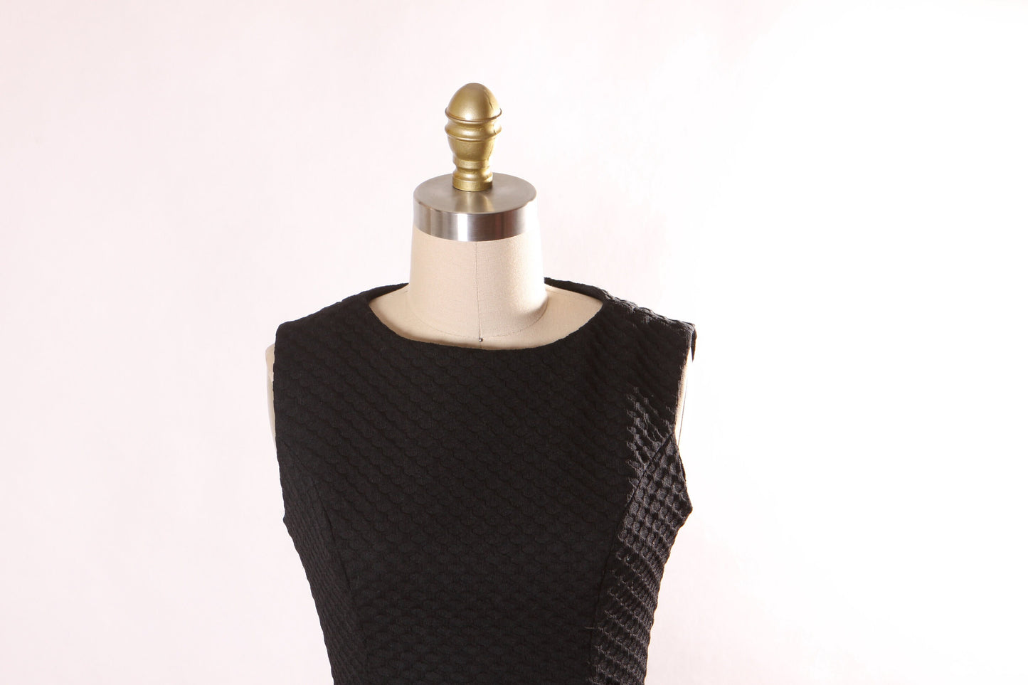 1960s Black Waffle Textured Polyester Sleeveless Back Buckle Mini Dress -XS