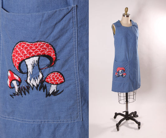 Late 1960s Early 1970s Denim Chambray Sleeveless Novelty Red Embroidered Mushroom Pocketed Dress by Loungecraft -S