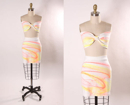 1980s White, Pink and Yellow Paint Splatter Stretch Bikini Tube Top High Waisted Mini Skirt Two Piece Outfit -L