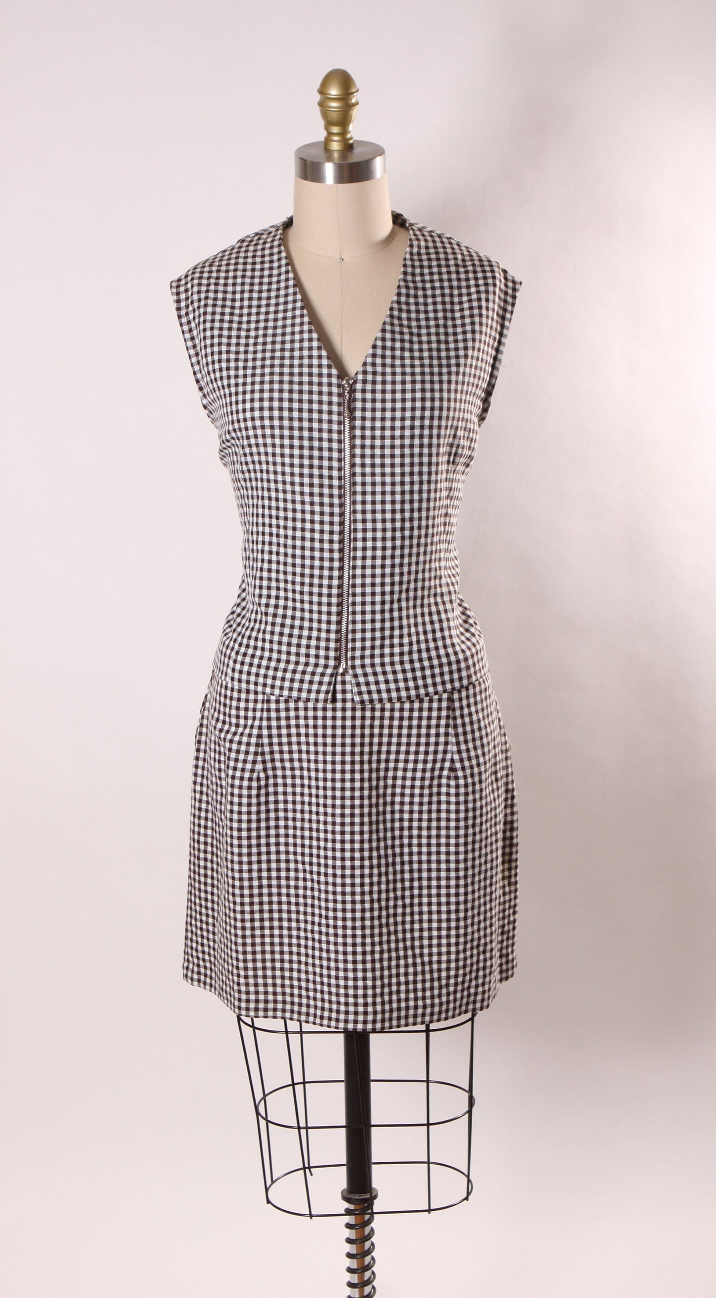 Late 1980s Early 1990s Brown and White Gingham Sleeveless Zip Up Blouse with Matching Mini Skirt Two Piece Outfit by Giorgio Fiorlini -L