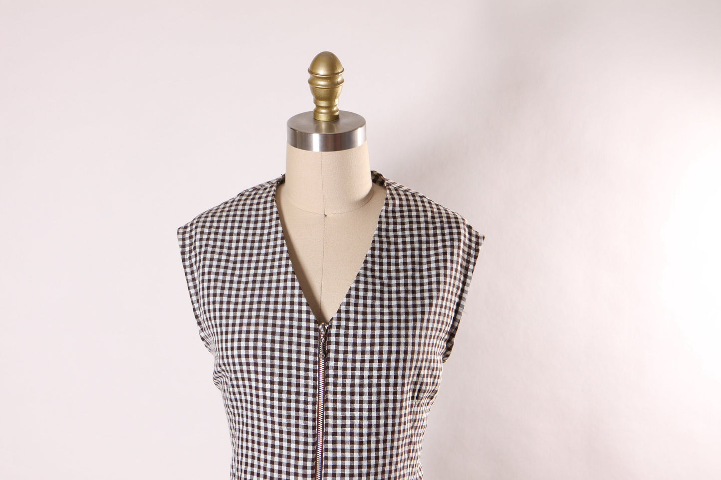 Late 1980s Early 1990s Brown and White Gingham Sleeveless Zip Up Blouse with Matching Mini Skirt Two Piece Outfit by Giorgio Fiorlini -L