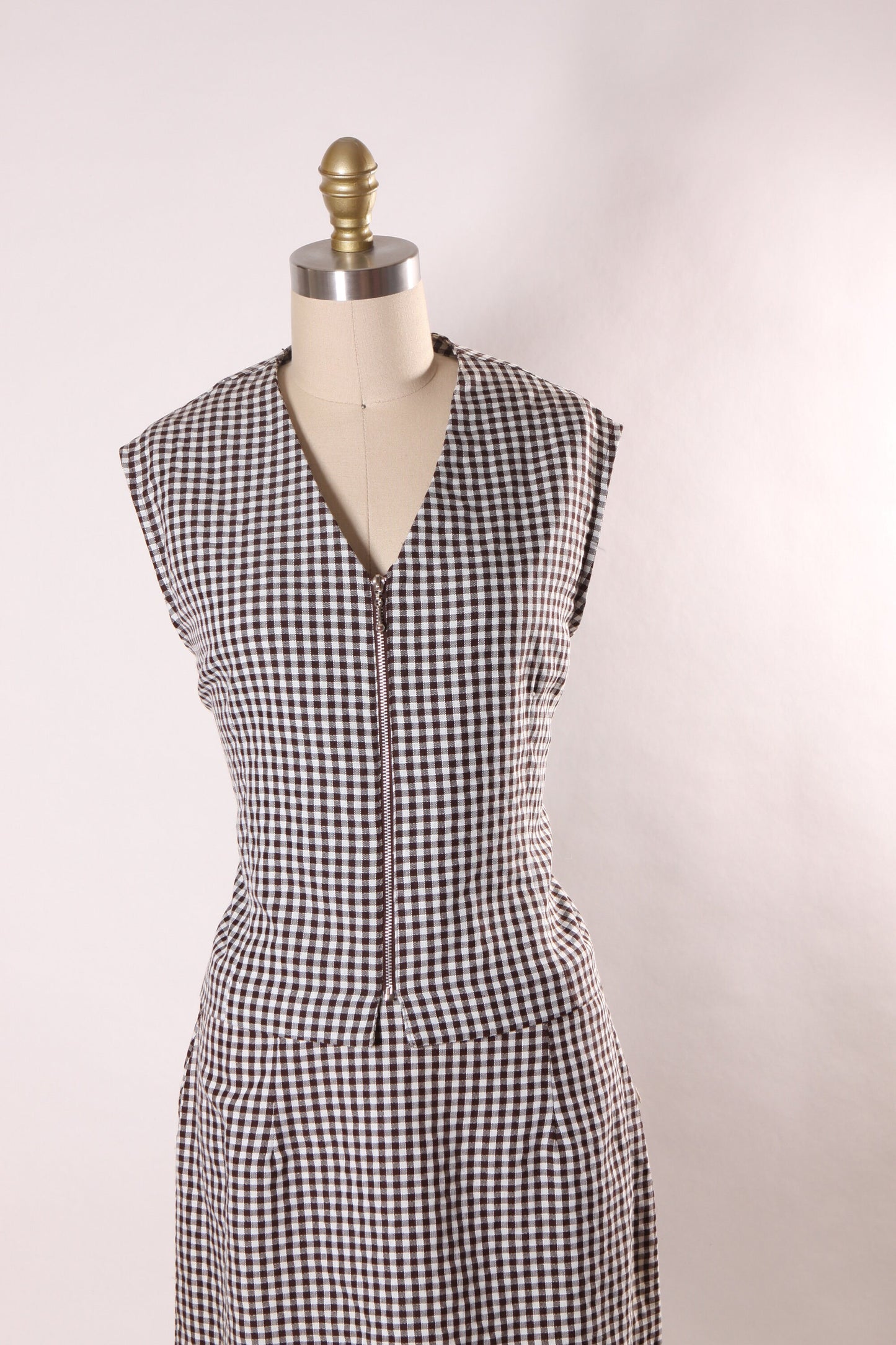 Late 1980s Early 1990s Brown and White Gingham Sleeveless Zip Up Blouse with Matching Mini Skirt Two Piece Outfit by Giorgio Fiorlini -L