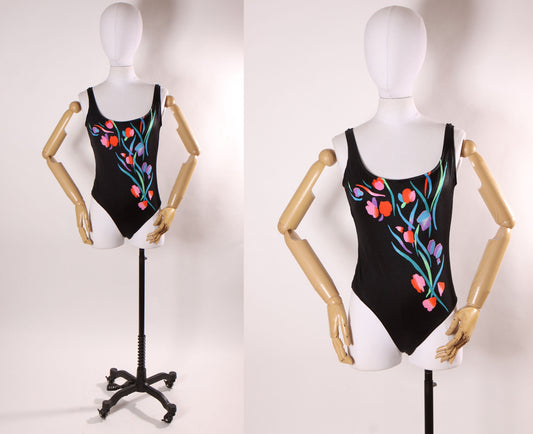 1980s 1990s Black, Green and Pink Floral One Piece Swimsuit -M