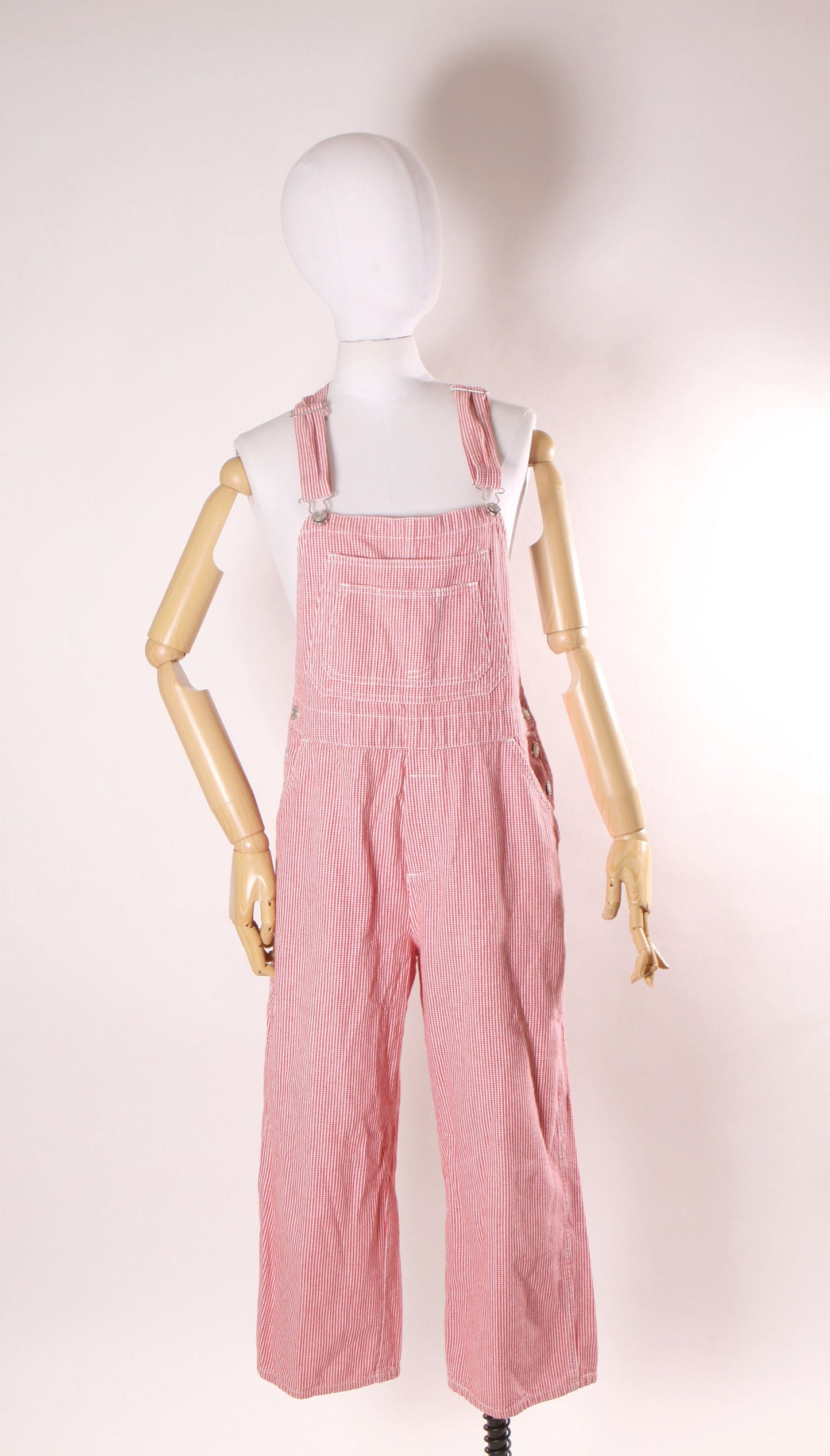 1980s Red and White Striped One Piece Cropped Ankle Length Overalls by Haik’s -M