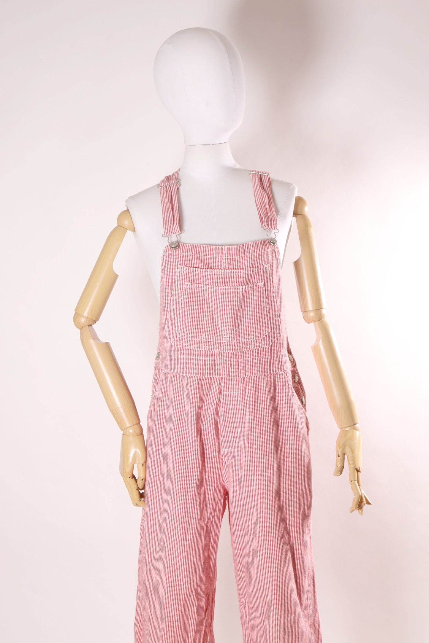 1980s Red and White Striped One Piece Cropped Ankle Length Overalls by Haik’s -M