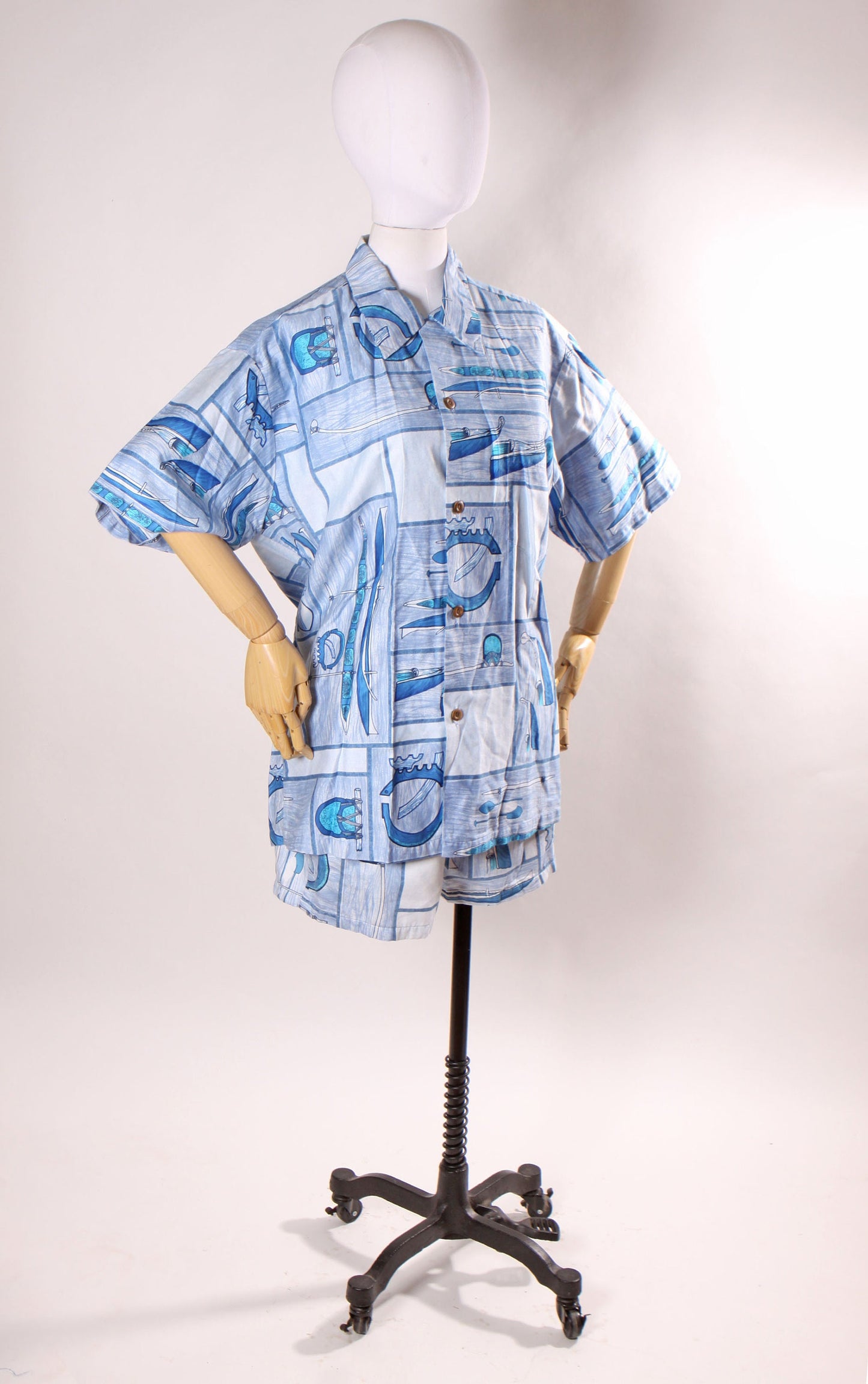 1960s Blue White Novelty Nautical Boat Hawaiian Shirt with Matching Swim Trunk Shorts Two Piece Mens Swimsuit by His Royal Highness HRH -L