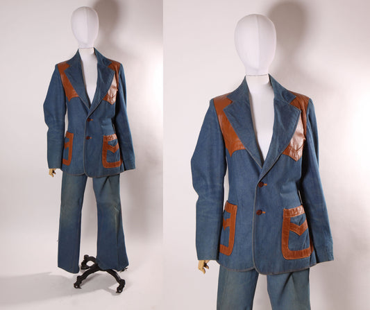 1970s Blue Denim and Leather Button Down Blazer Jacket with Matching Leather Stripe Two Piece Pant Suit by International Shirt Shop