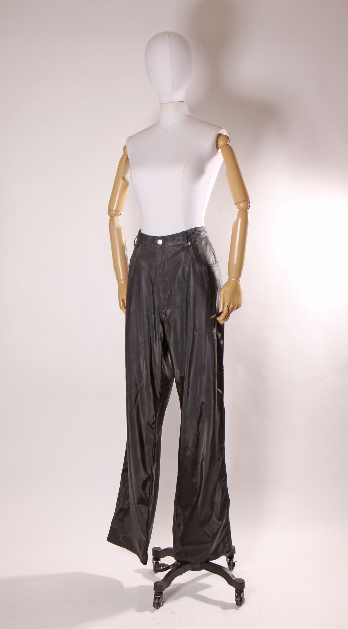 1990s Black Sheen Swishy Polyurethane Rave Gothic Plus Size Volup Pants by YMLA -2XL Size 38