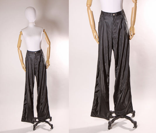 1990s Black Sheen Swishy Polyurethane Rave Gothic Plus Size Volup Pants by YMLA -2XL Size 38