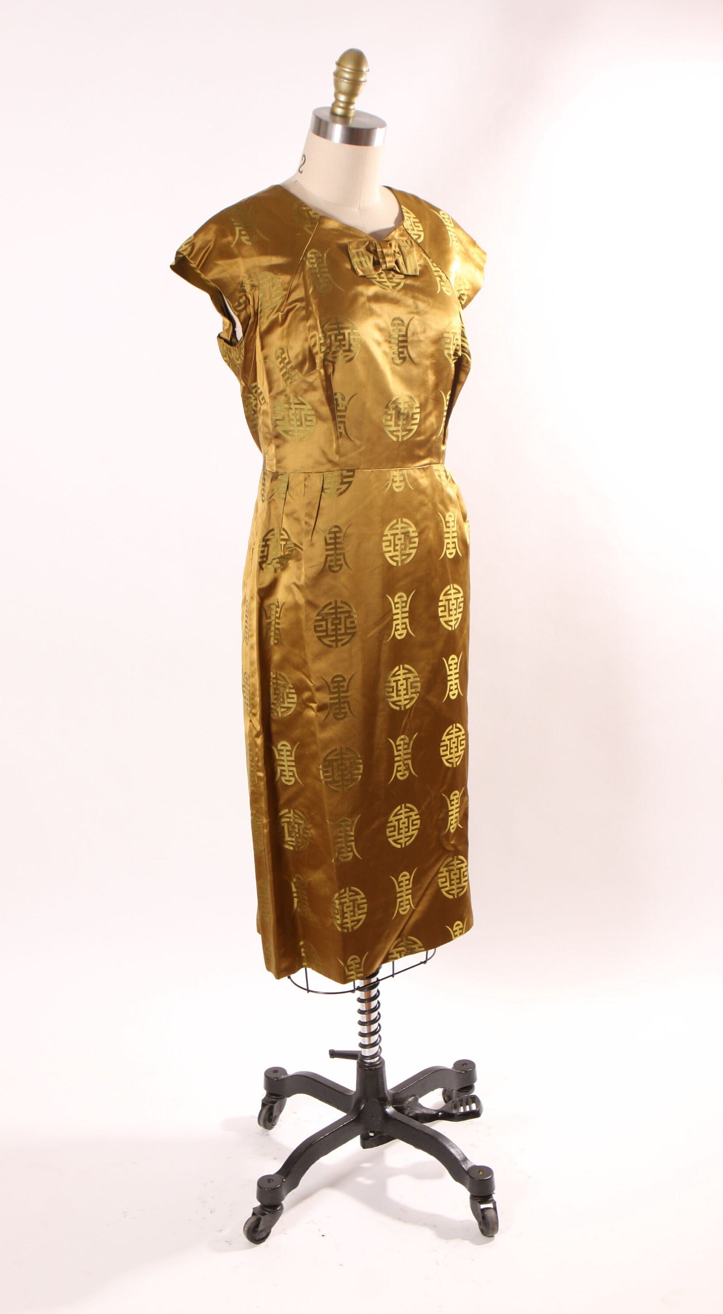 1950s Bronze Silk Chinese Character Short Sleeve Wiggle Dress with Matching Long Sleeve Over Coat Jacket by Harilela’s Custom Tailors -M