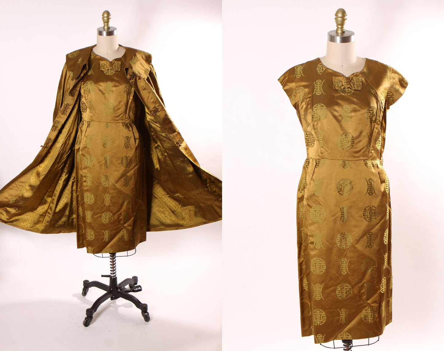 1950s Bronze Silk Chinese Character Short Sleeve Wiggle Dress with Matching Long Sleeve Over Coat Jacket by Harilela’s Custom Tailors -M