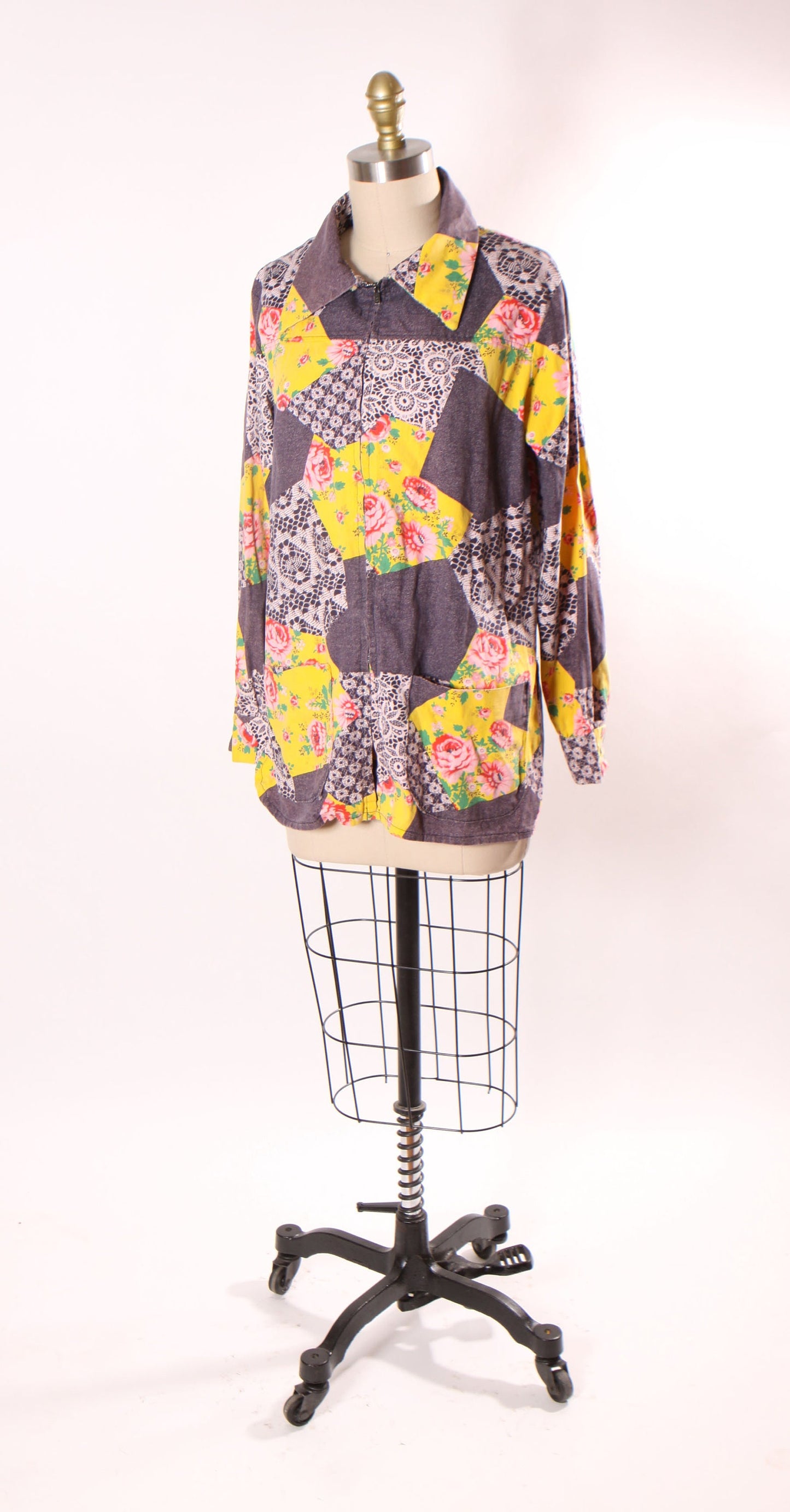 Late 1960s Blue Denim, White Lace and Floral Patchwork Print Long Sleeve Zip Up Front Blouse -M