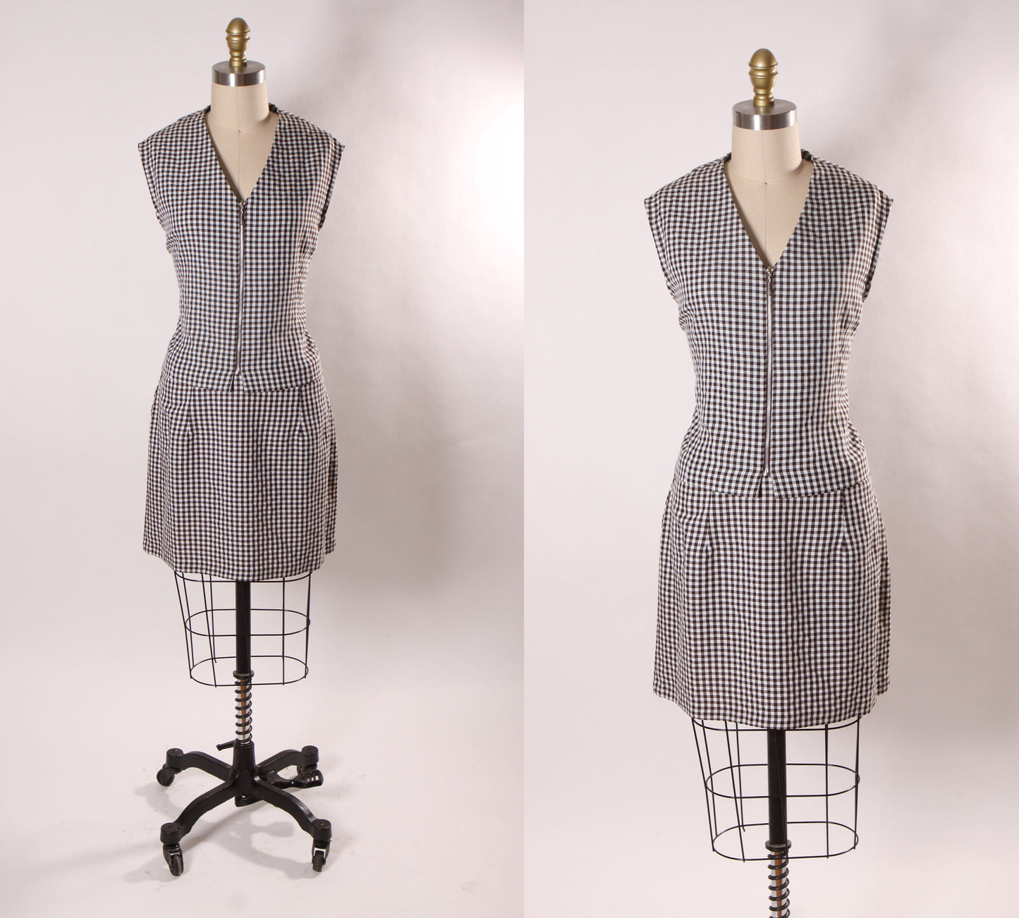 Late 1980s Early 1990s Brown and White Gingham Sleeveless Zip Up Blouse with Matching Mini Skirt Two Piece Outfit by Giorgio Fiorlini -L