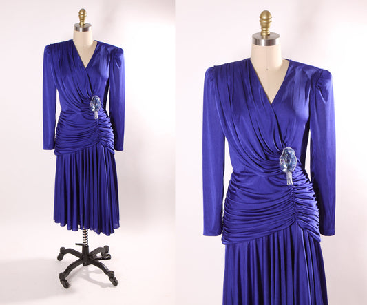 1980s Blue Long Sleeved Draped Gathered Bodice Beaded Flower Detail Hollywood Regency Dress by David Rose -S