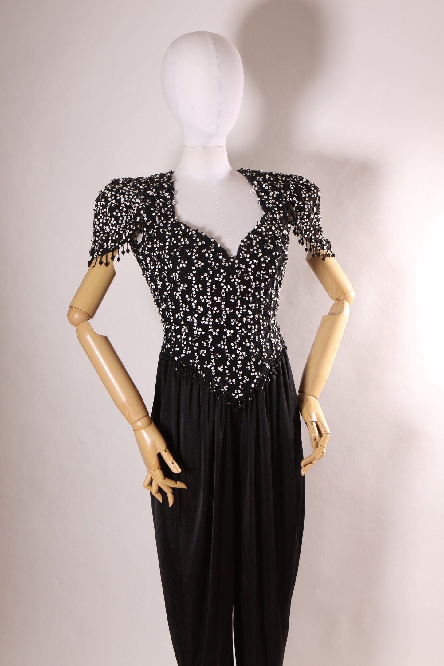 1970s Black and White Sequin Keyhole Cap Sleeve Beaded Fringe One Piece Jumpsuit by Susan Roselli for Vijack -S