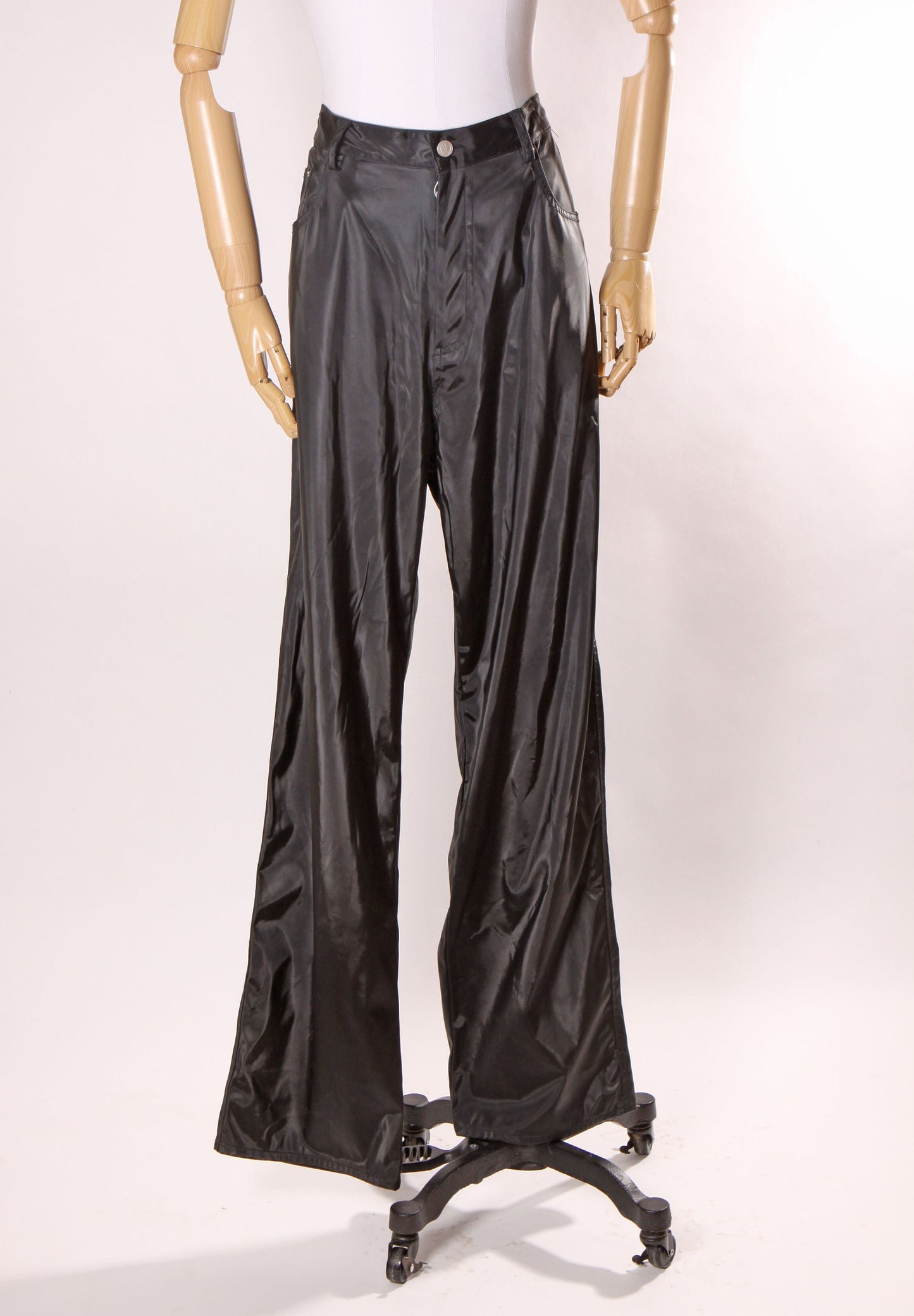 1990s Black Sheen Swishy Polyurethane Rave Gothic Plus Size Volup Pants by YMLA -2XL Size 38