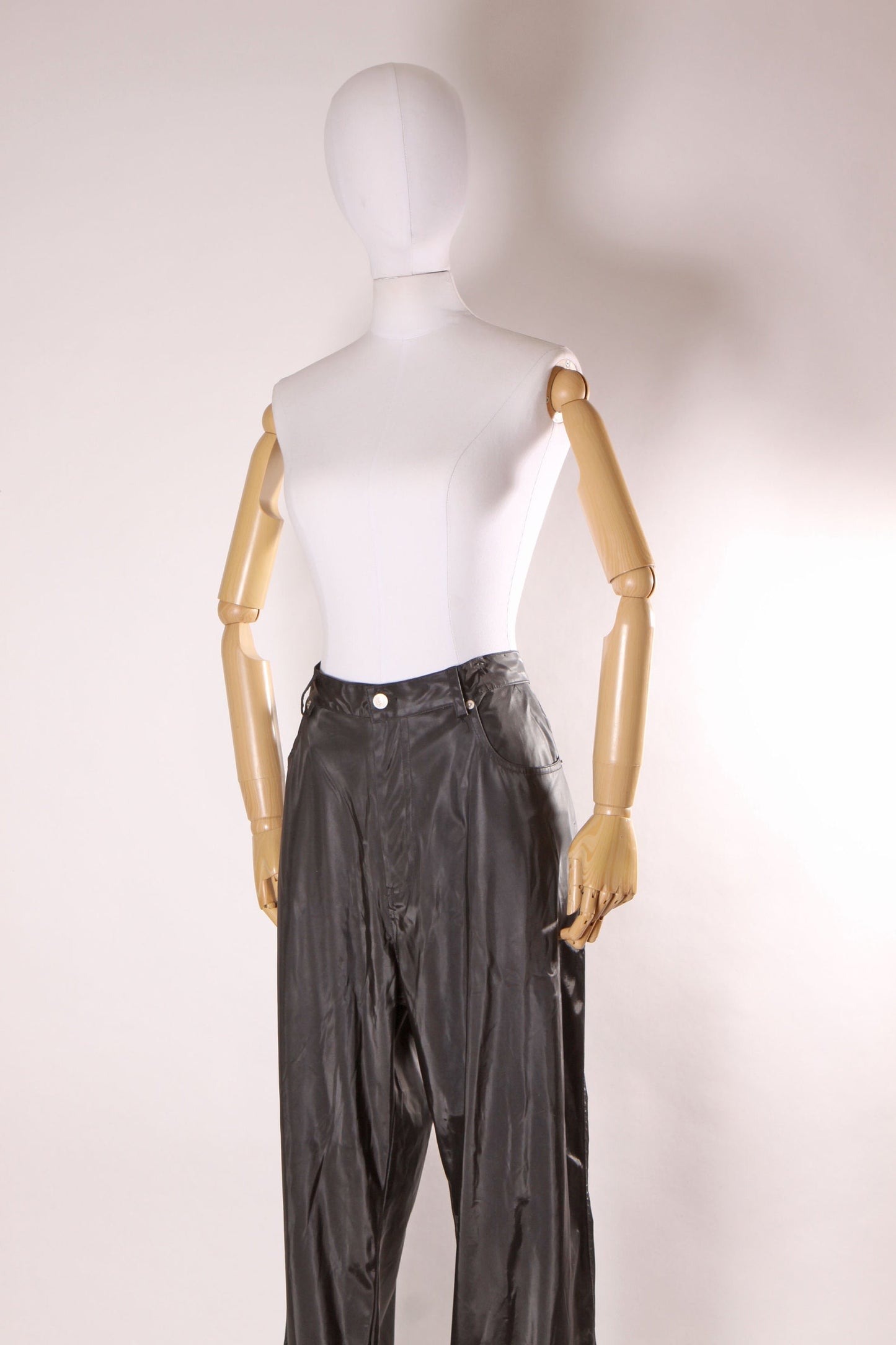 1990s Black Sheen Swishy Polyurethane Rave Gothic Plus Size Volup Pants by YMLA -2XL Size 38