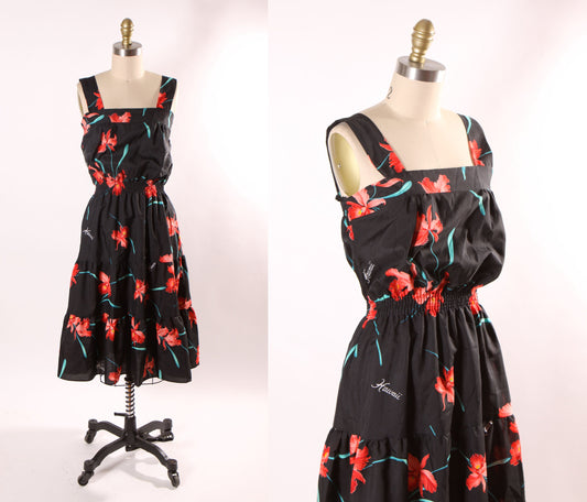 1980s Black, Green and Red Hibiscus Wide Strap Elastic Waist Tropical Hawaiian Dress by Casual Wear Made in Hawaii -M