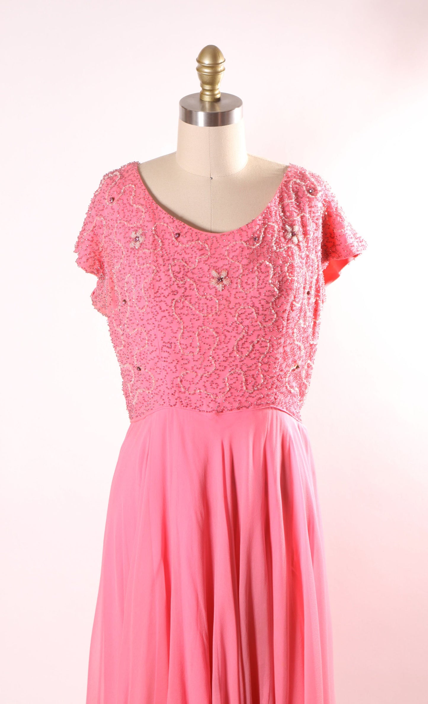 1960s Pink Short Sleeve Swirl Floral Beaded Chiffon Overlay Plus Size Volup Dress -L