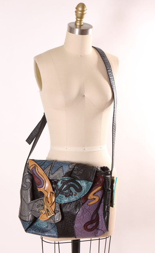 Deadstock 1980s Black Yellow and Purple Abstract Gold Tone Clasp Imitation Frog Skin Handbag Crossbody Shoulder Bag by NAS Alentino Ltd