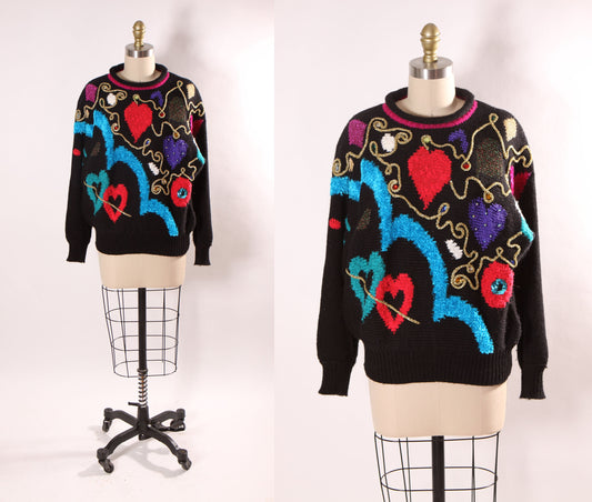 1980s Black, Pink, Blue and Gold Abstract Geometric Heart Knit Pullover Sweater by Jaclyn Smith -L
