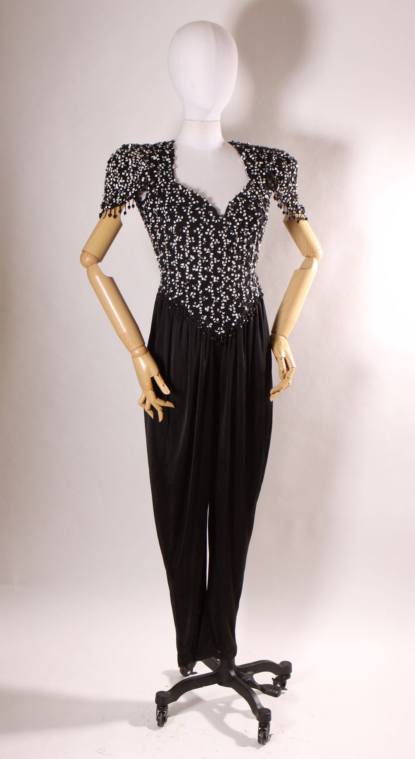 1970s Black and White Sequin Keyhole Cap Sleeve Beaded Fringe One Piece Jumpsuit by Susan Roselli for Vijack -S