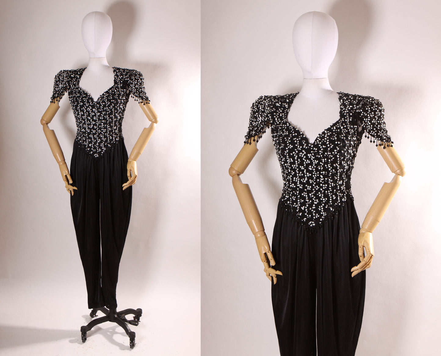 1970s Black and White Sequin Keyhole Cap Sleeve Beaded Fringe One Piece Jumpsuit by Susan Roselli for Vijack -S