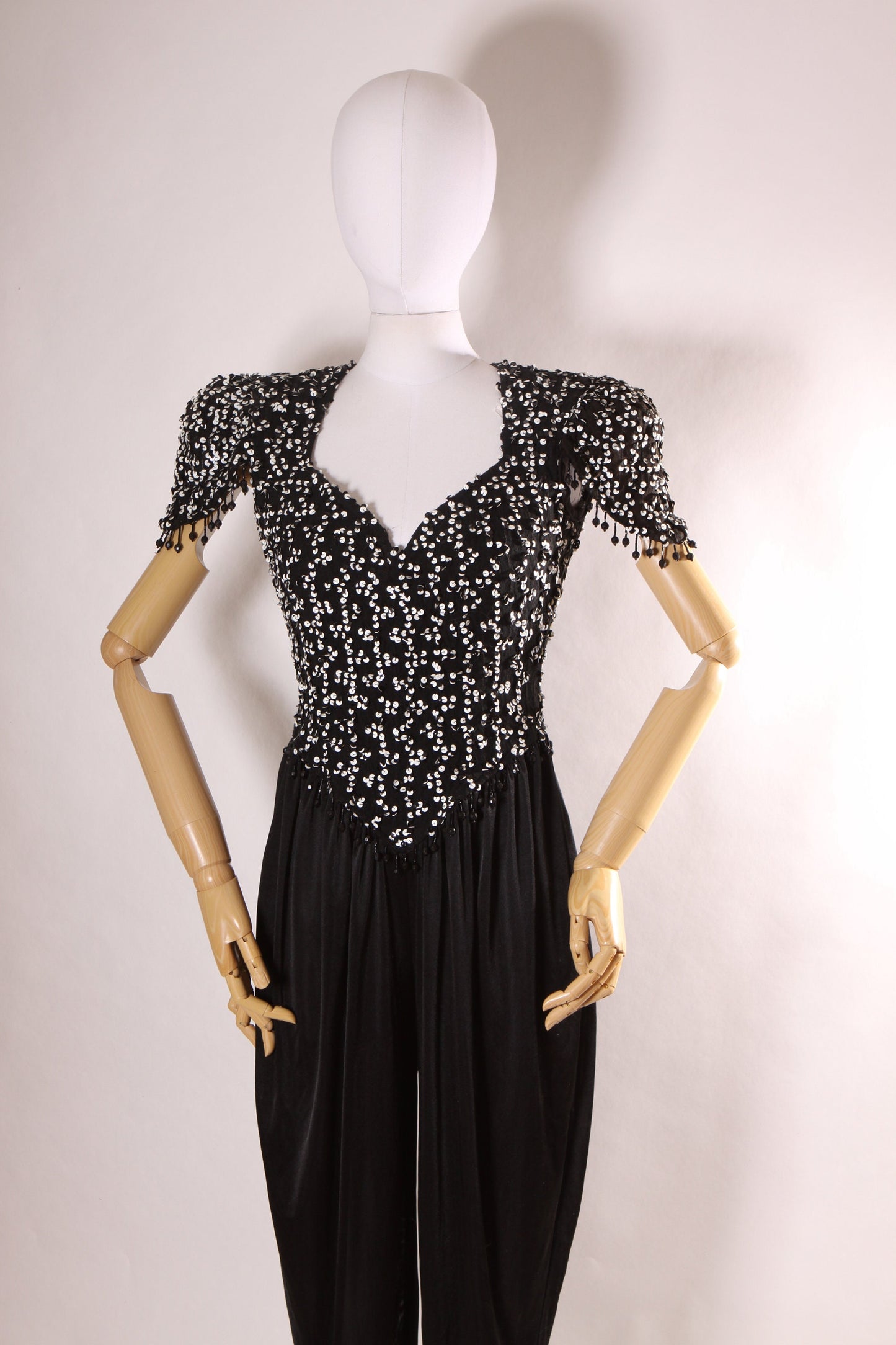 1970s Black and White Sequin Keyhole Cap Sleeve Beaded Fringe One Piece Jumpsuit by Susan Roselli for Vijack -S