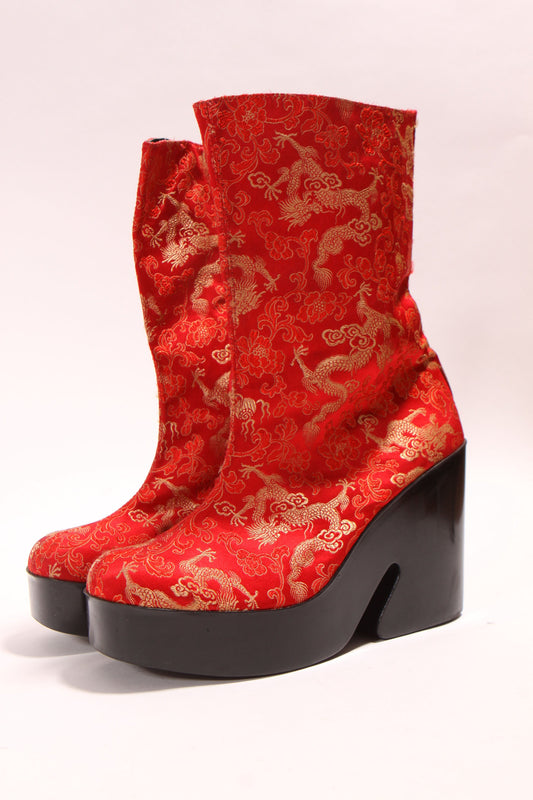 1990s Red, Gold and Black Satin Chinese Dragon Funky Platform High Heel Boots by Scibba -9M