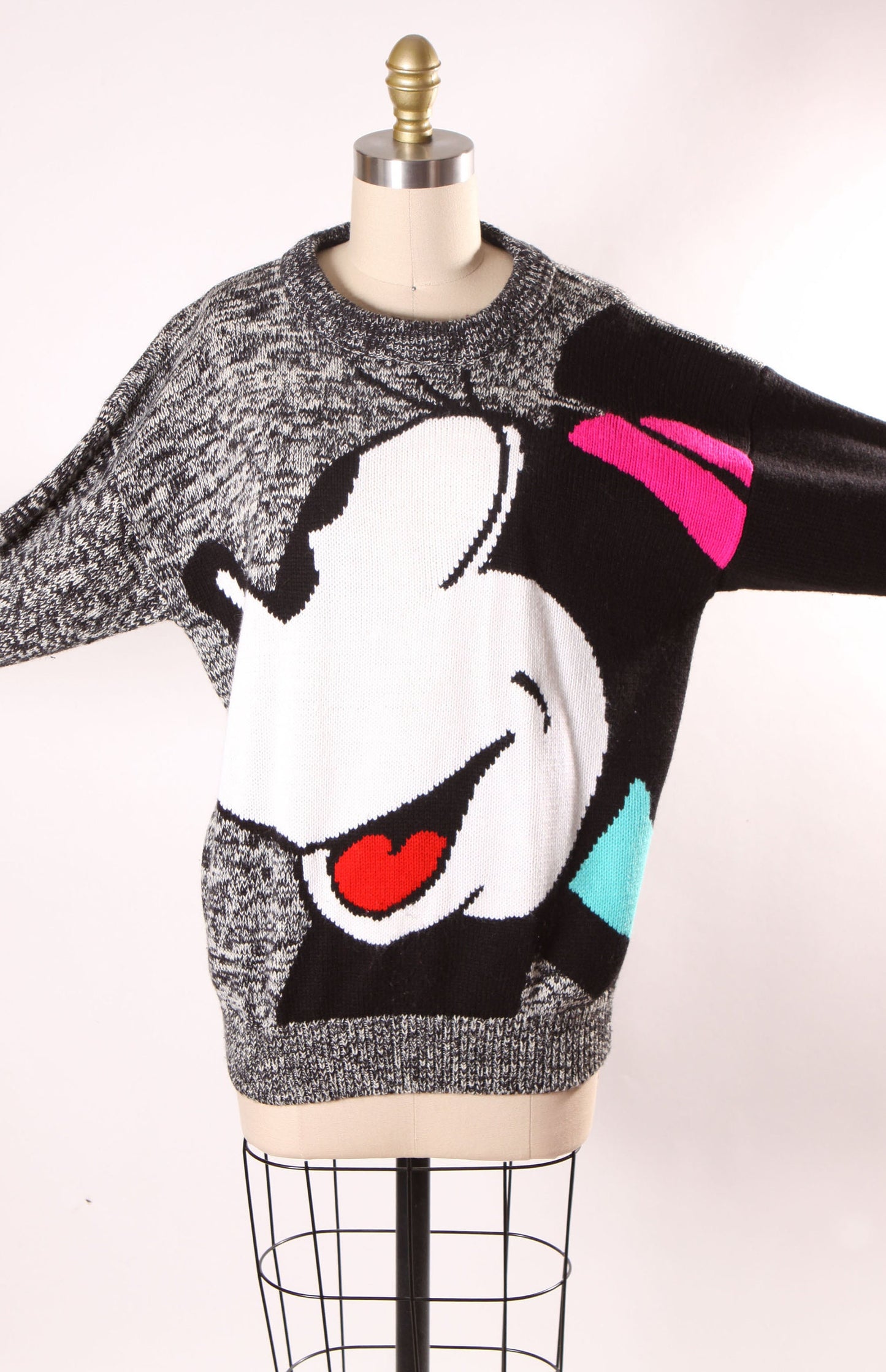 1990s Black, White, Pink and Turquoise Long Sleeve Knit Pullover Minnie Mouse Novelty Sweater by Mickey & Co. -M