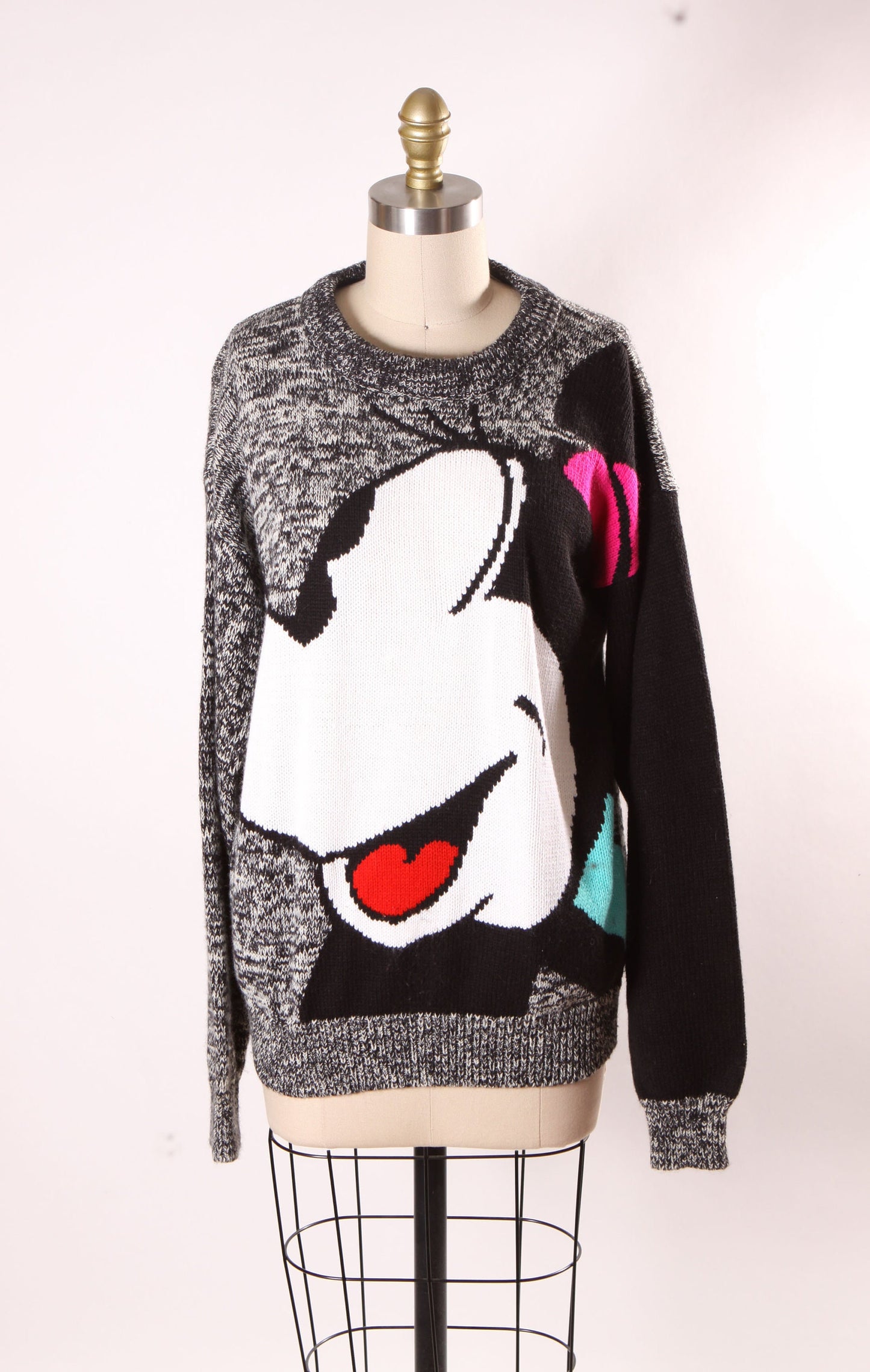 1990s Black, White, Pink and Turquoise Long Sleeve Knit Pullover Minnie Mouse Novelty Sweater by Mickey & Co. -M